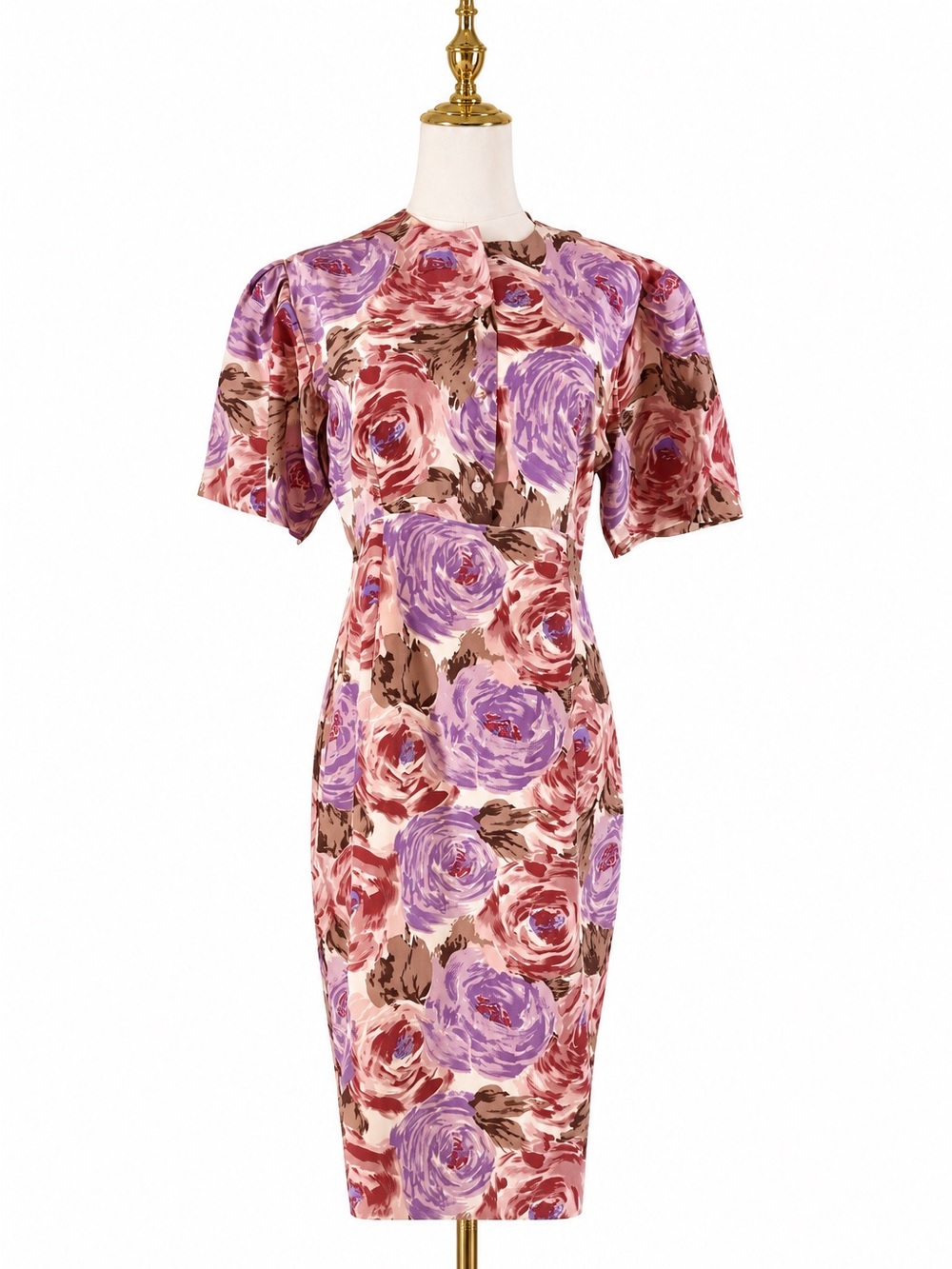 Vintage 80s Jack Mulqueen 100% Silk Floral Dress Modern 6/8 Fluted Sleeve
